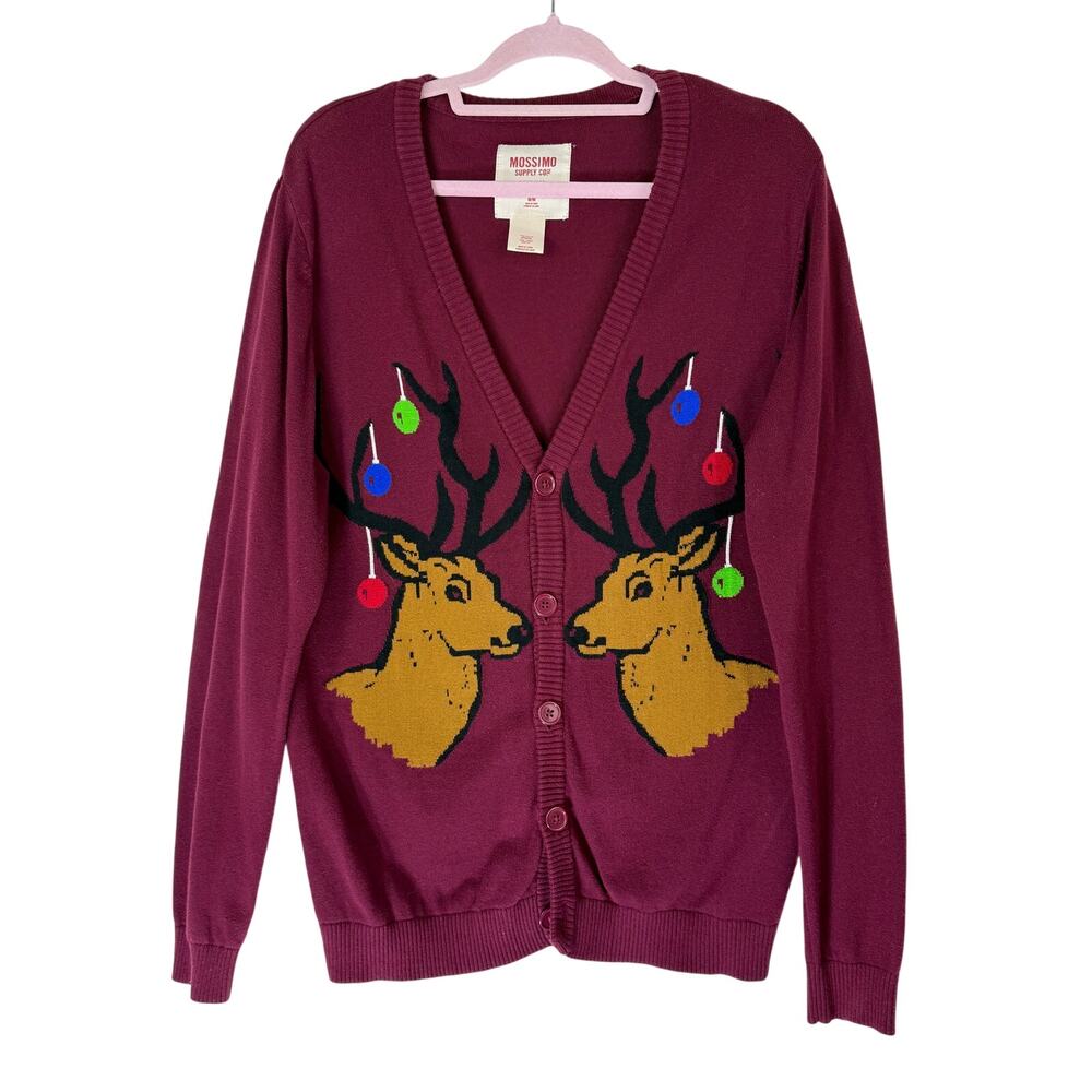 Mossimo Supply Co. Long Sleeve Burgundy Holiday Deer Cardigan Sweater Top Size M